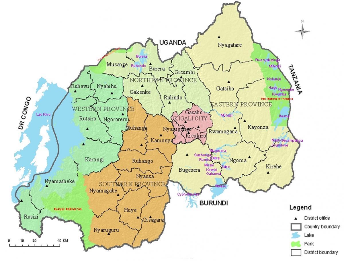 Karte von Ruanda mit der Distrikte und Sektoren
